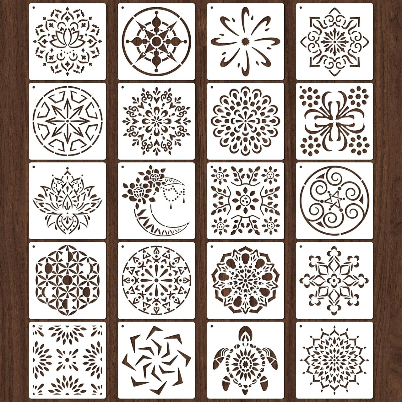 20-Piece Mandala Stencil Set (4 x 4 Inch) – Reusable Mandala Painting Templates for Wood, Wall, Floor, Tile, Fabric, Rock Art & DIY Craft Decoration